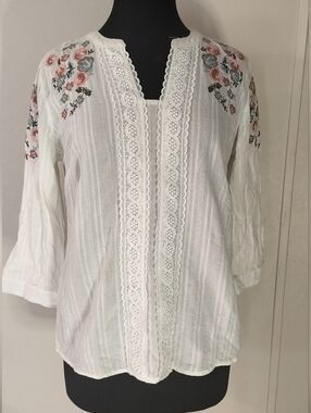 Westport White Peasant Blouse with Rose Embroidery
